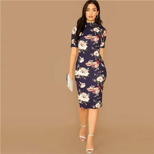 Navy Floral Print Stand Collar Elegant