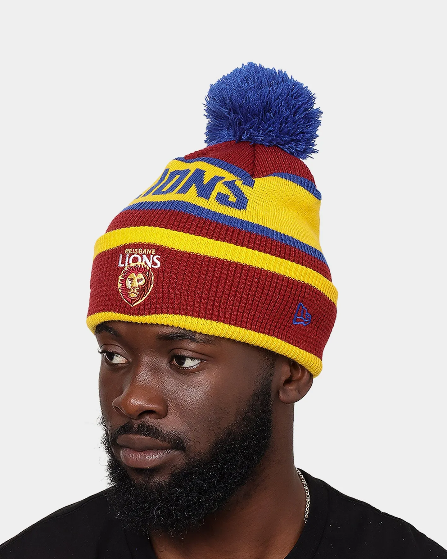 New Era Brisbane Lions 'AFL 2022' Pom Waffle Knit Beanie Dark Red