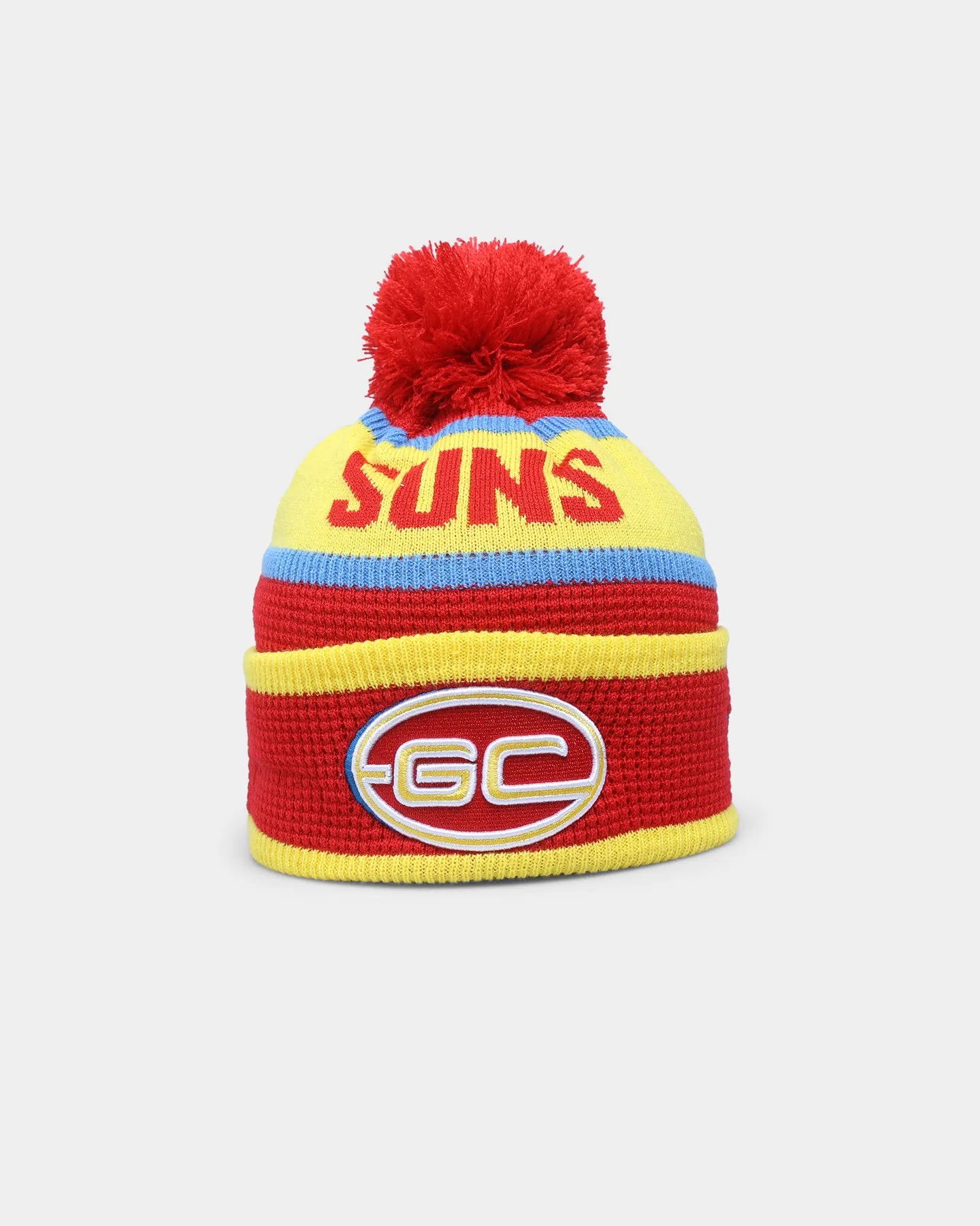 New Era Gold Coast Suns AFL Opening Bounce 2022 Pom Waffle Wordmark Beanie Red/Yellow