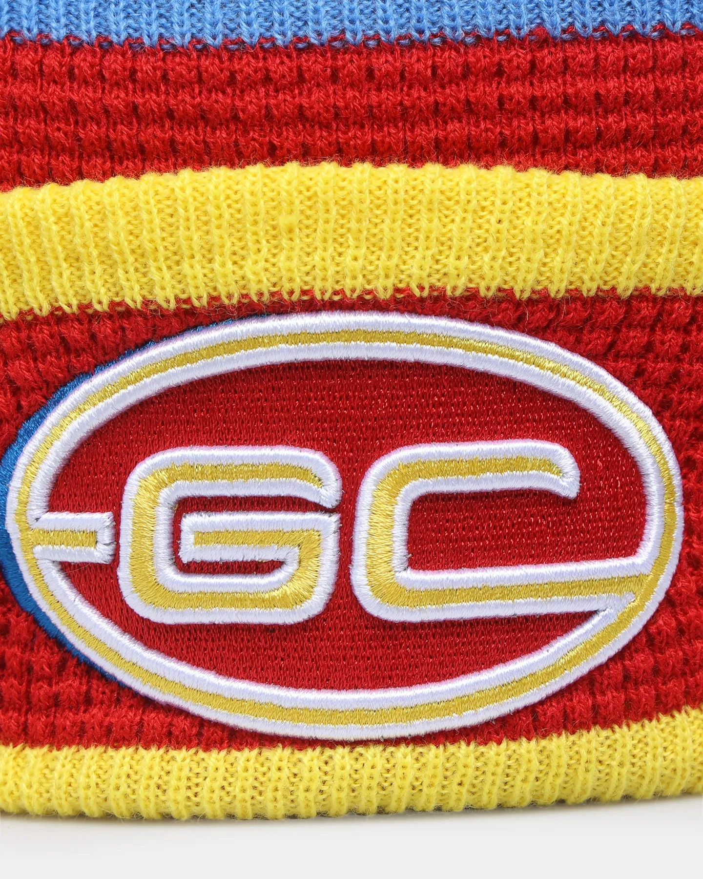 New Era Gold Coast Suns AFL Opening Bounce 2022 Pom Waffle Wordmark Beanie Red/Yellow