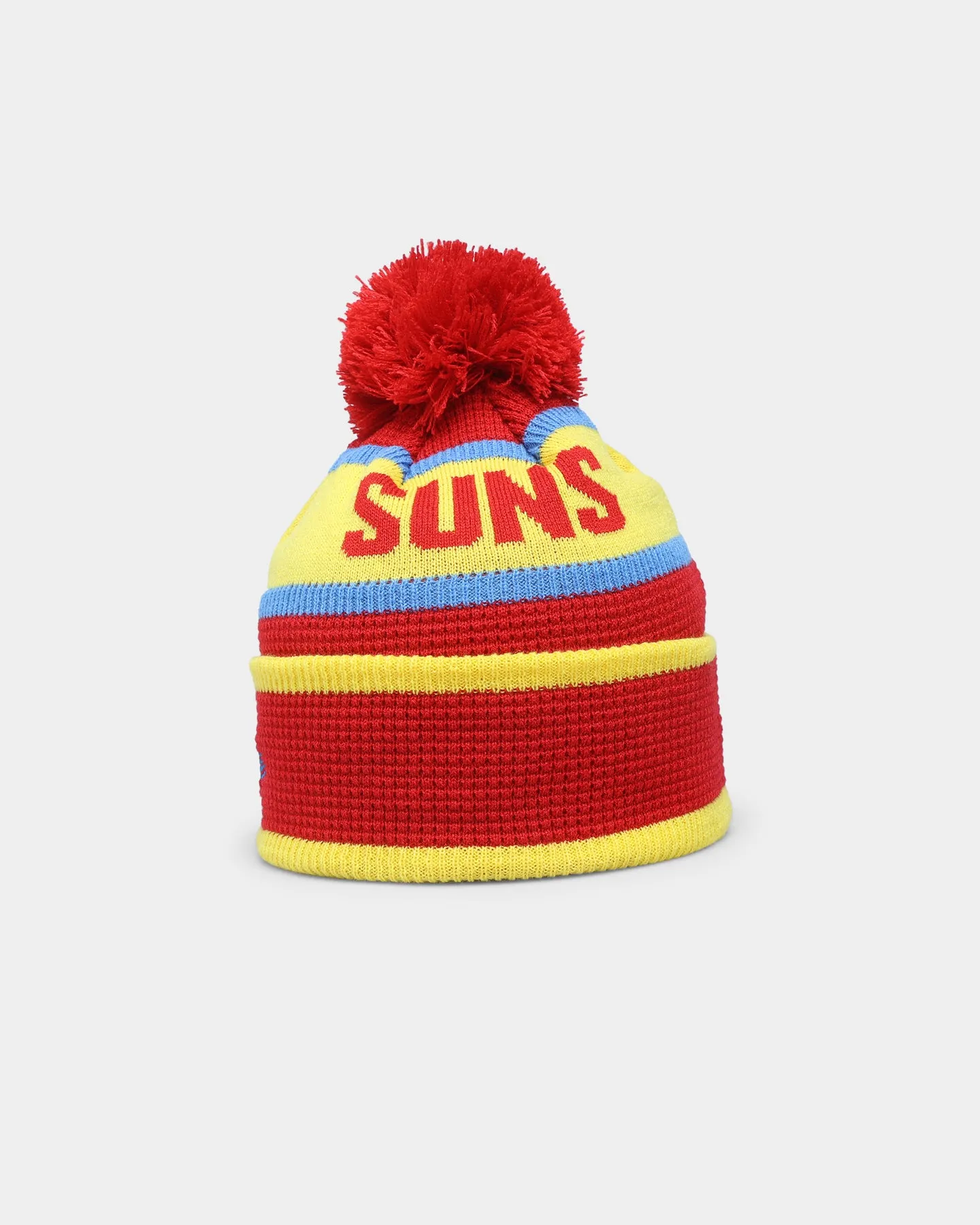 New Era Gold Coast Suns AFL Opening Bounce 2022 Pom Waffle Wordmark Beanie Red/Yellow