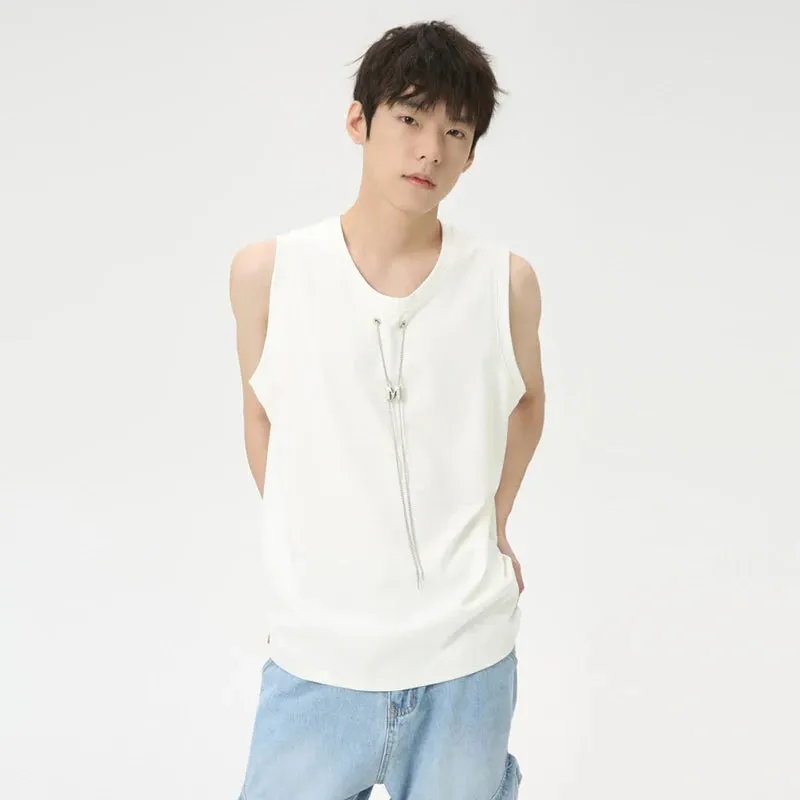 Niche Style Male Tank Tops Metal Chains Casual Round Neck Sleeveless Loose Men's Tops New Fashion Summer 9C6266