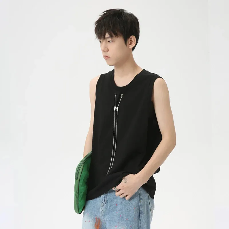 Niche Style Male Tank Tops Metal Chains Casual Round Neck Sleeveless Loose Men's Tops New Fashion Summer 9C6266