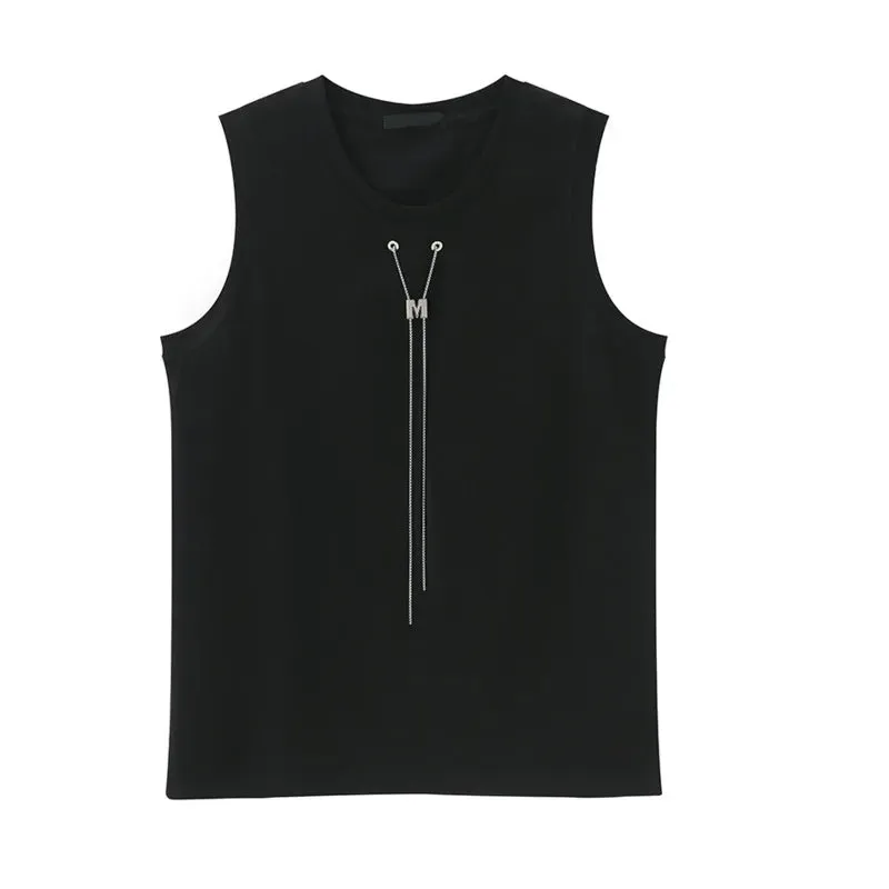 Niche Style Male Tank Tops Metal Chains Casual Round Neck Sleeveless Loose Men's Tops New Fashion Summer 9C6266