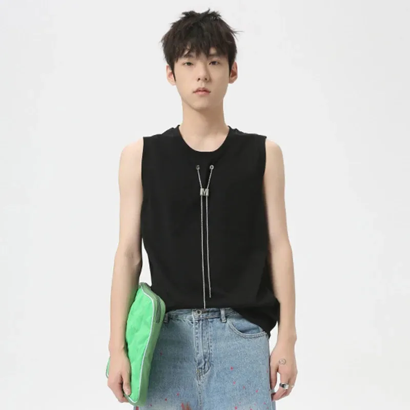 Niche Style Male Tank Tops Metal Chains Casual Round Neck Sleeveless Loose Men's Tops New Fashion Summer 9C6266