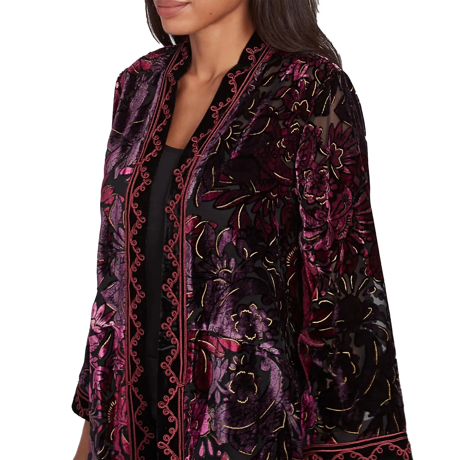 Open Front Velvet Burnout Embroidered Cardigan Beet Multi - Ruby Rd