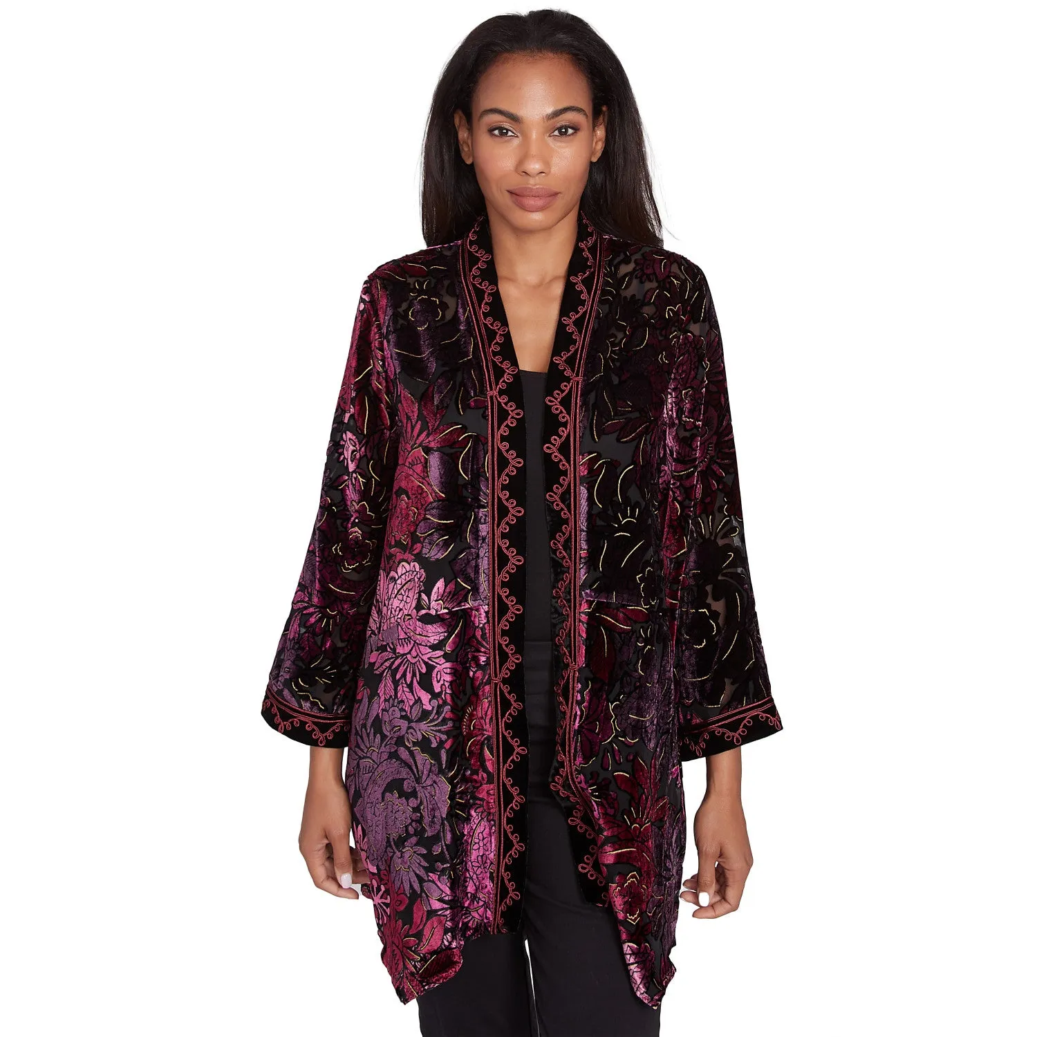 Open Front Velvet Burnout Embroidered Cardigan Beet Multi - Ruby Rd