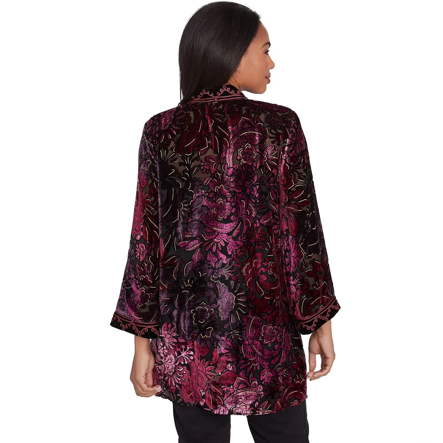 Open Front Velvet Burnout Embroidered Cardigan Beet Multi - Ruby Rd