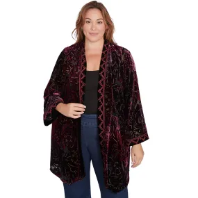 Plus Open Front Velvet Burnout Embroidered Cardigan Beet Multi -Ruby Rd