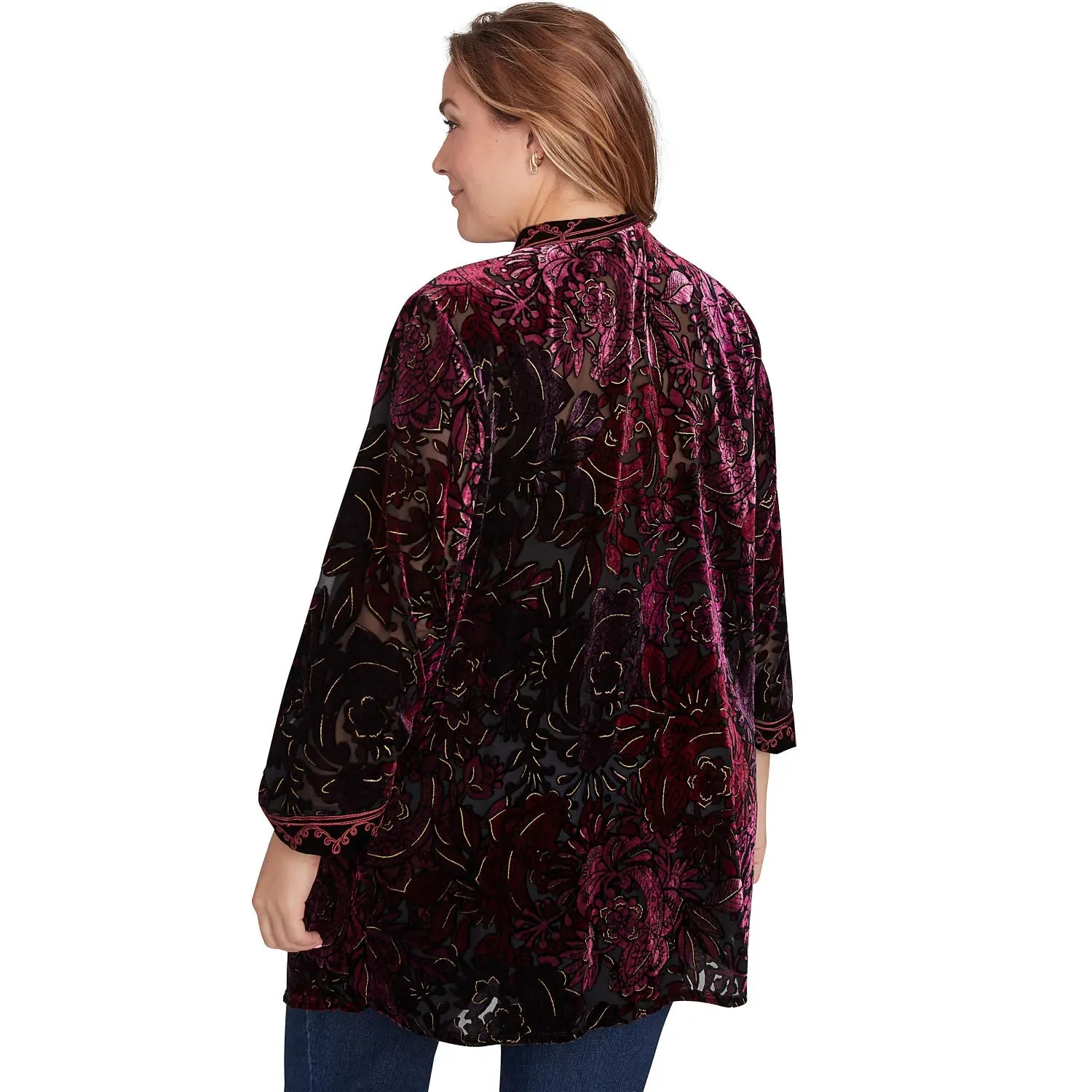 Plus Open Front Velvet Burnout Embroidered Cardigan Beet Multi -Ruby Rd