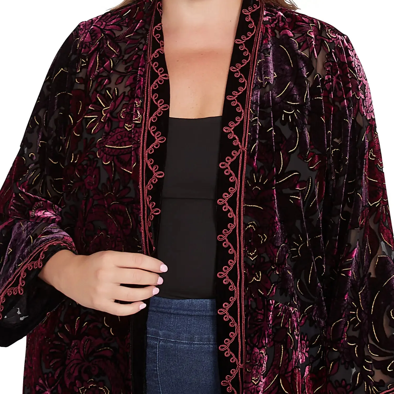 Plus Open Front Velvet Burnout Embroidered Cardigan Beet Multi -Ruby Rd