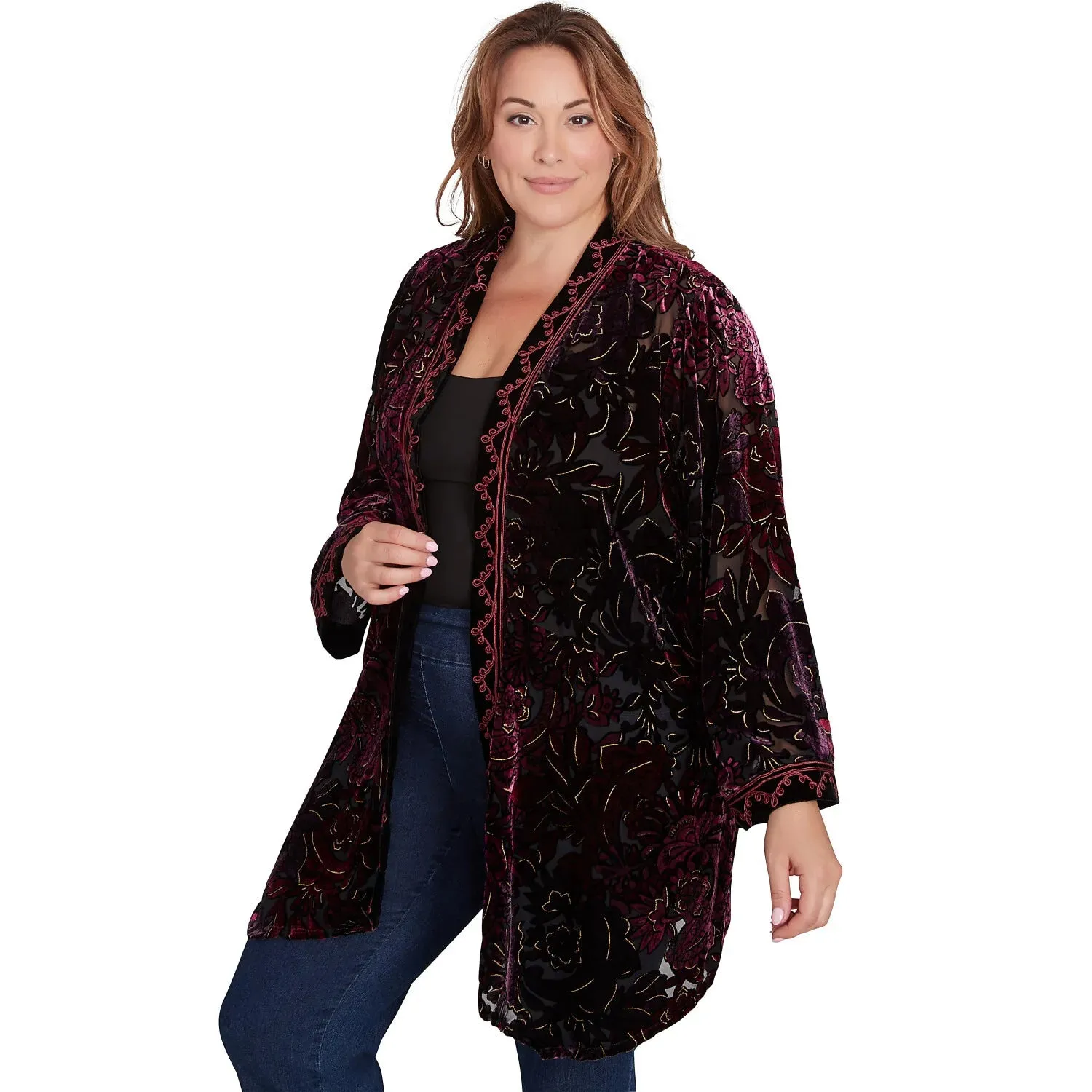 Plus Open Front Velvet Burnout Embroidered Cardigan Beet Multi -Ruby Rd