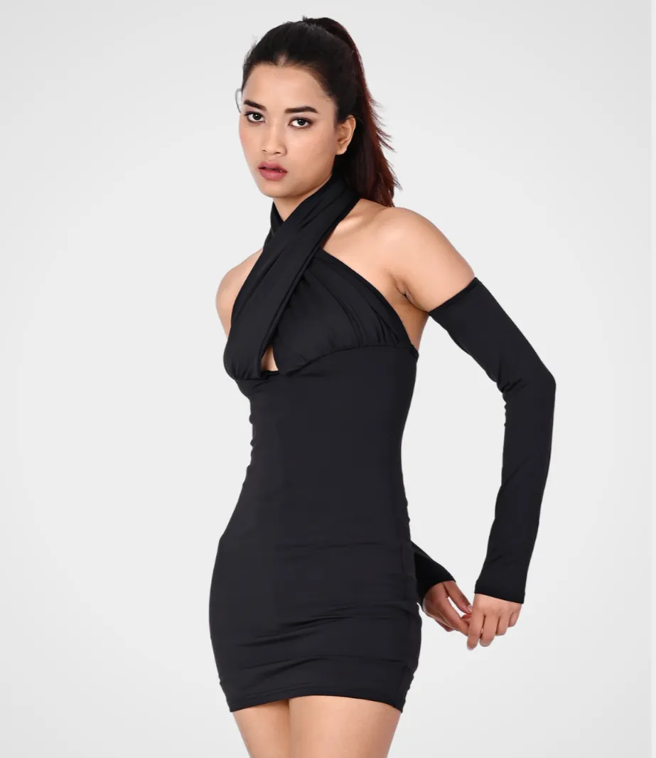 Queen energy halter neck mini dress with raglan sleeves