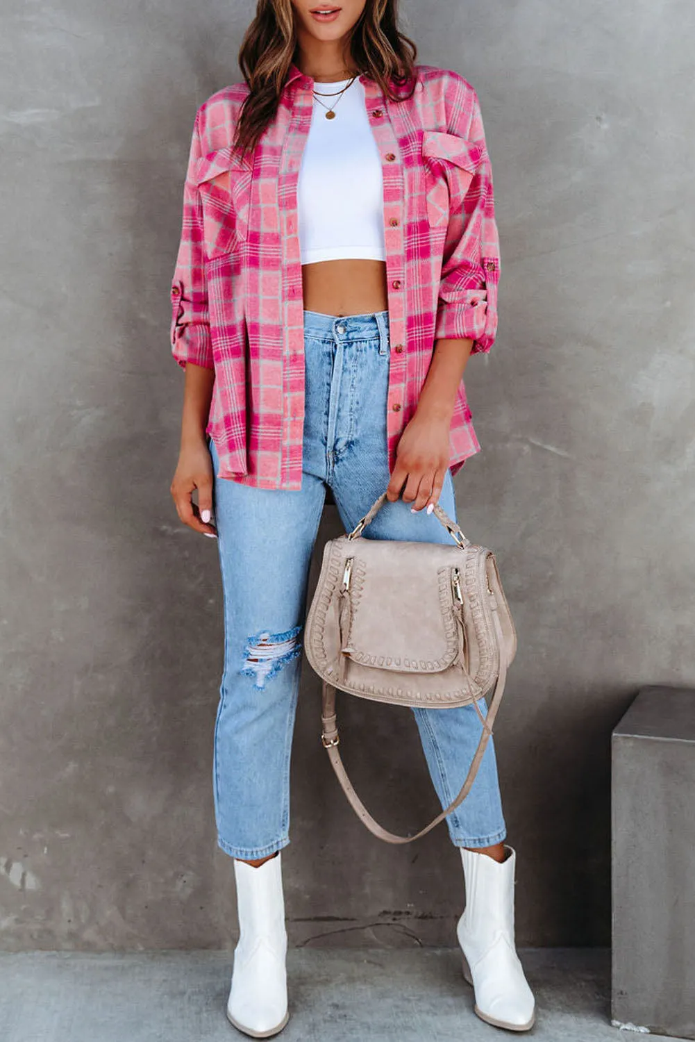 Rose French Style Plaid Button Up Shirt