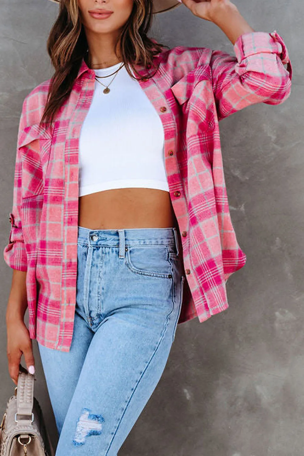 Rose French Style Plaid Button Up Shirt