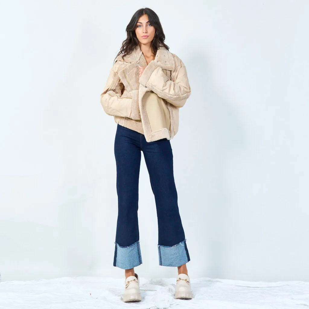 Sherpa-lined puffer jacket with snap details wholesale