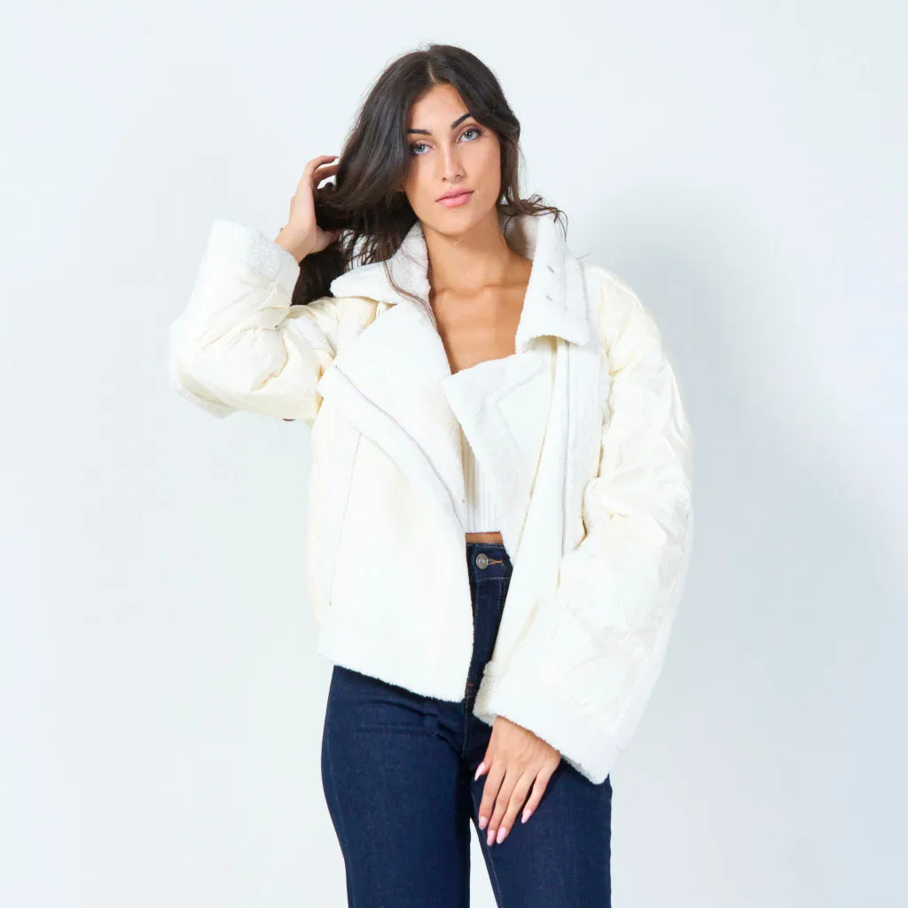 Sherpa-lined puffer jacket with snap details wholesale