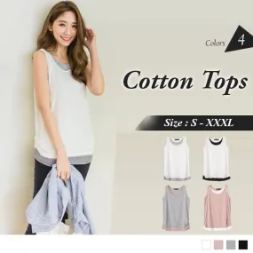 SLEEVELESS FAKE TWO PIECE COTTONS TOPS