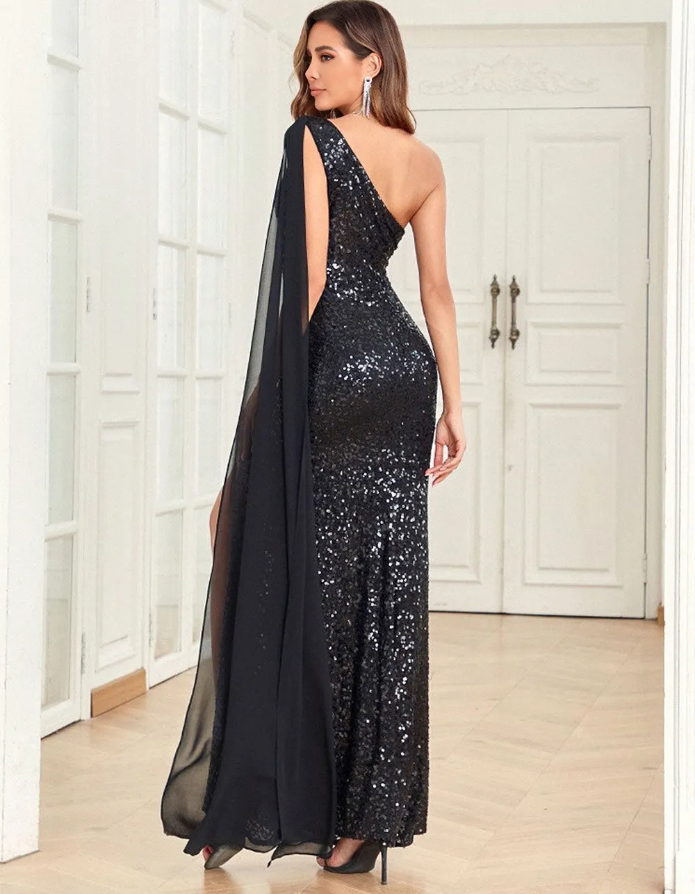 Solid-color One-Shoulder Slits Zipper Splicing Chiffon Evening Dresses