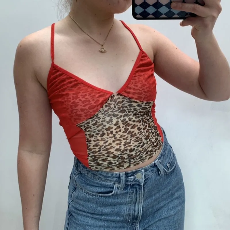 Summer Streetwear Leopard Print Patchwork Casual Tank Top For Women Sleeveless V Neck Sexy Clubwear Female Crop Top Red