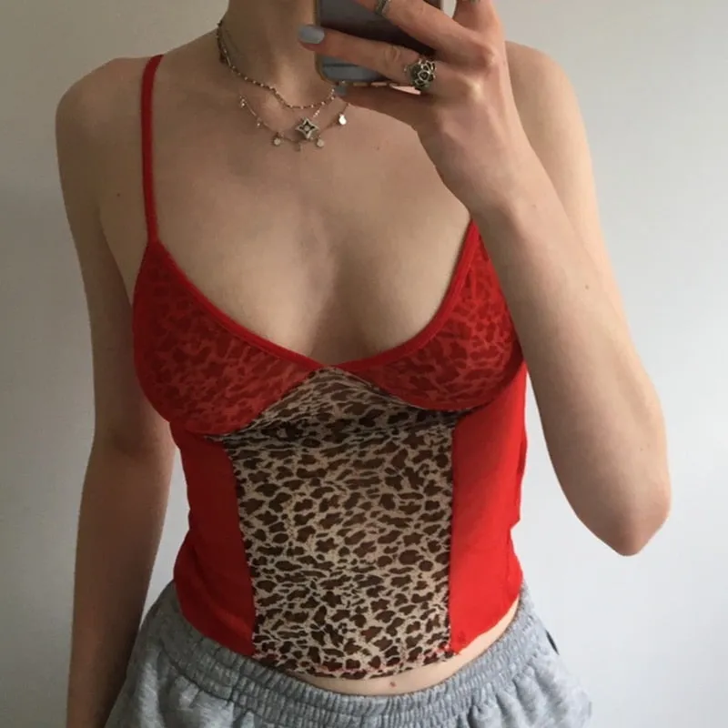 Summer Streetwear Leopard Print Patchwork Casual Tank Top For Women Sleeveless V Neck Sexy Clubwear Female Crop Top Red