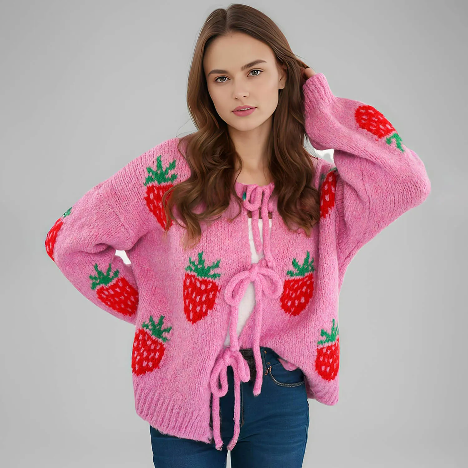 Sweet Strawberry Drop Shoulder Blouson Sleeve Oversized Bow Tie Cardigan