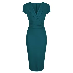 Teal Blue Green Deep V Neck Cap Sleeve Ruched Waist Bodycon Wiggle Dress