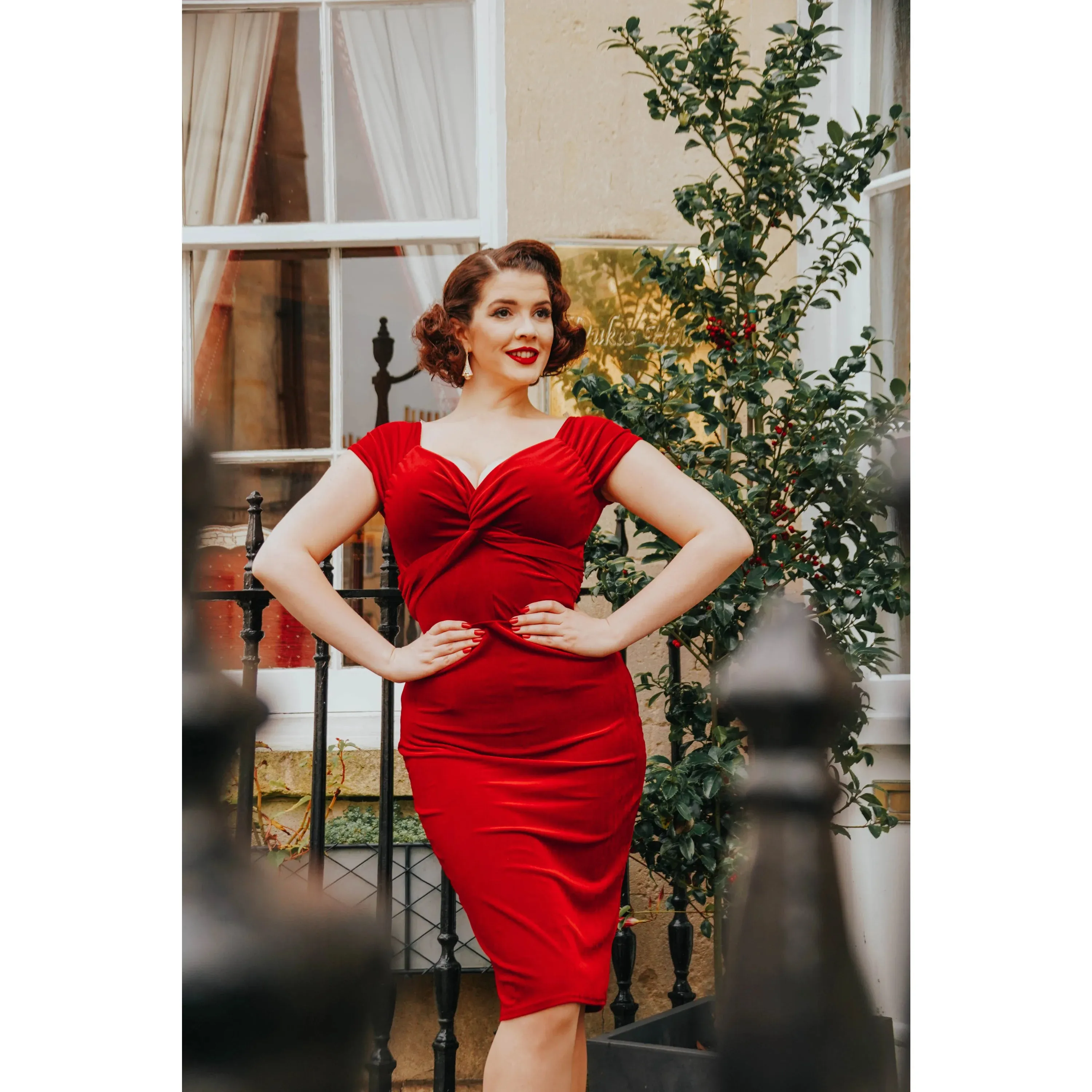 Vintage 1940s Red Velour Crossover Wiggle Dress