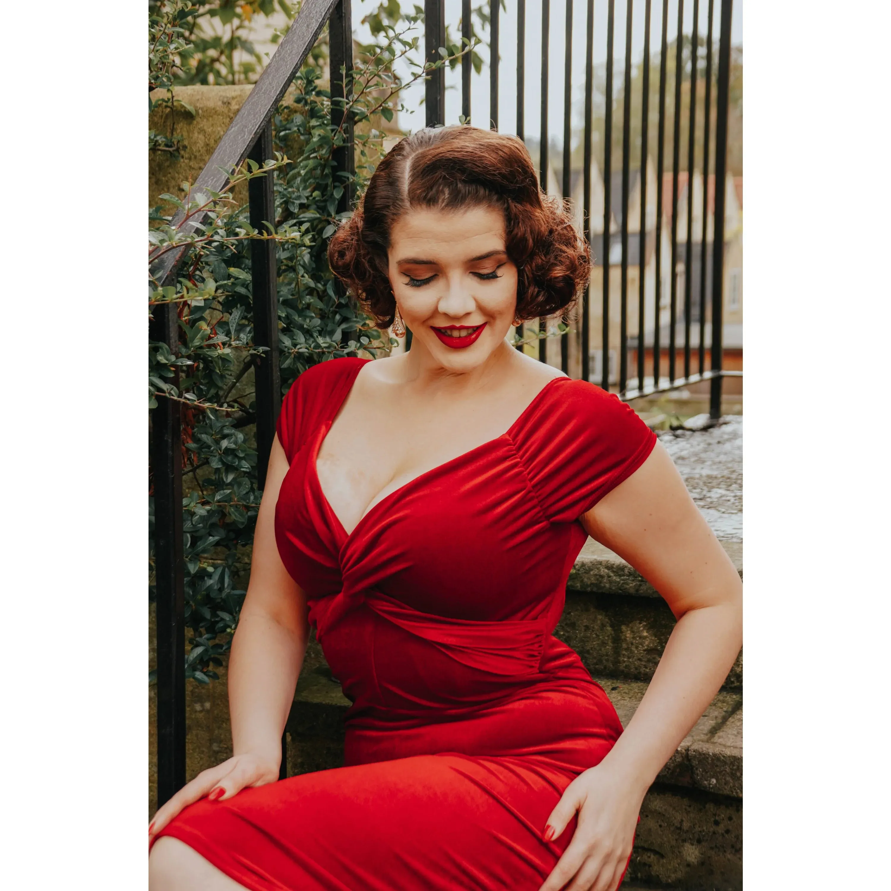 Vintage 1940s Red Velour Crossover Wiggle Dress