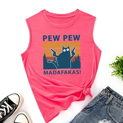 Women Pew Pew Madafakas Tank Funny Pew Pew Cat Shirt