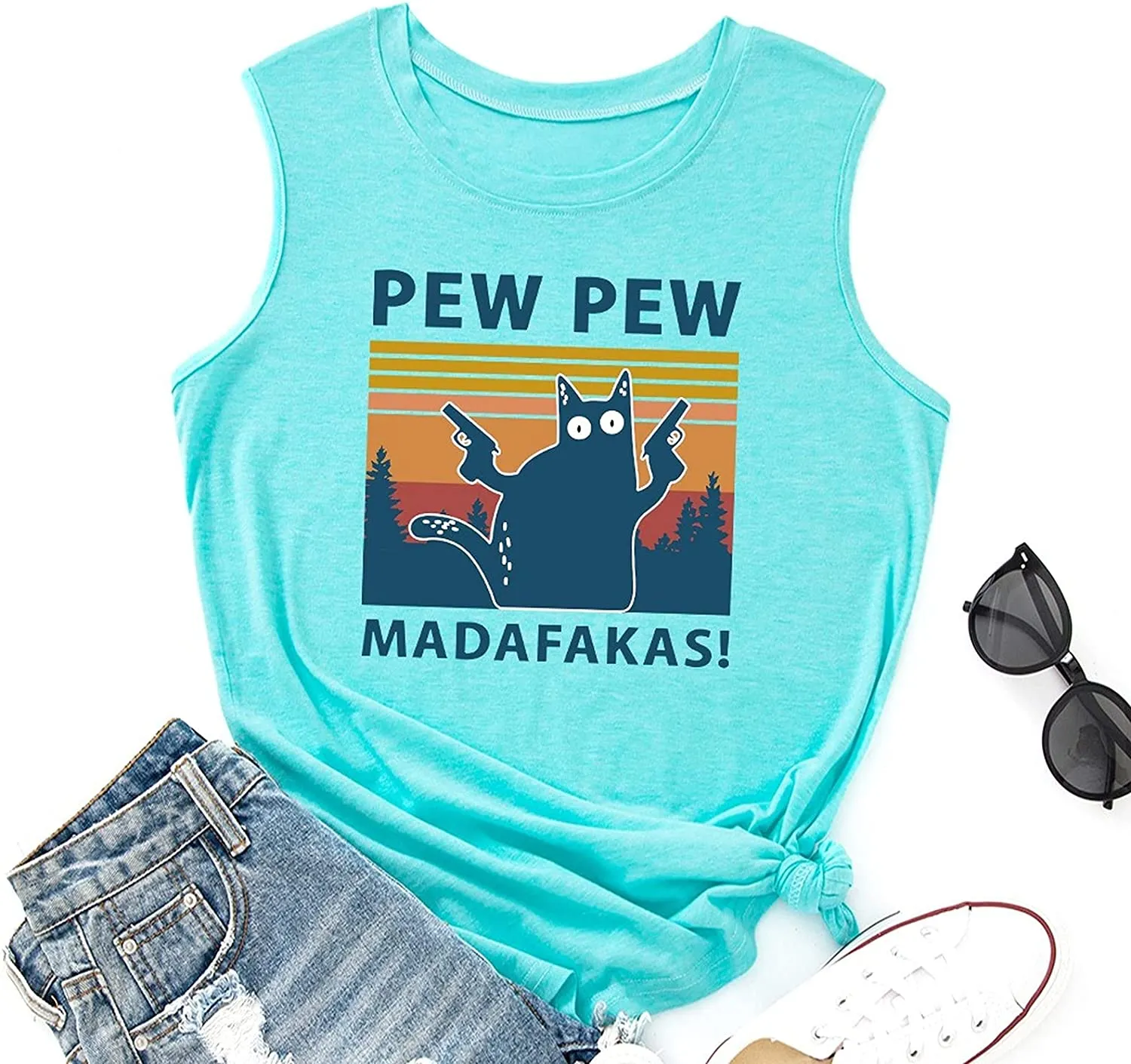 Women Pew Pew Madafakas Tank Funny Pew Pew Cat Shirt