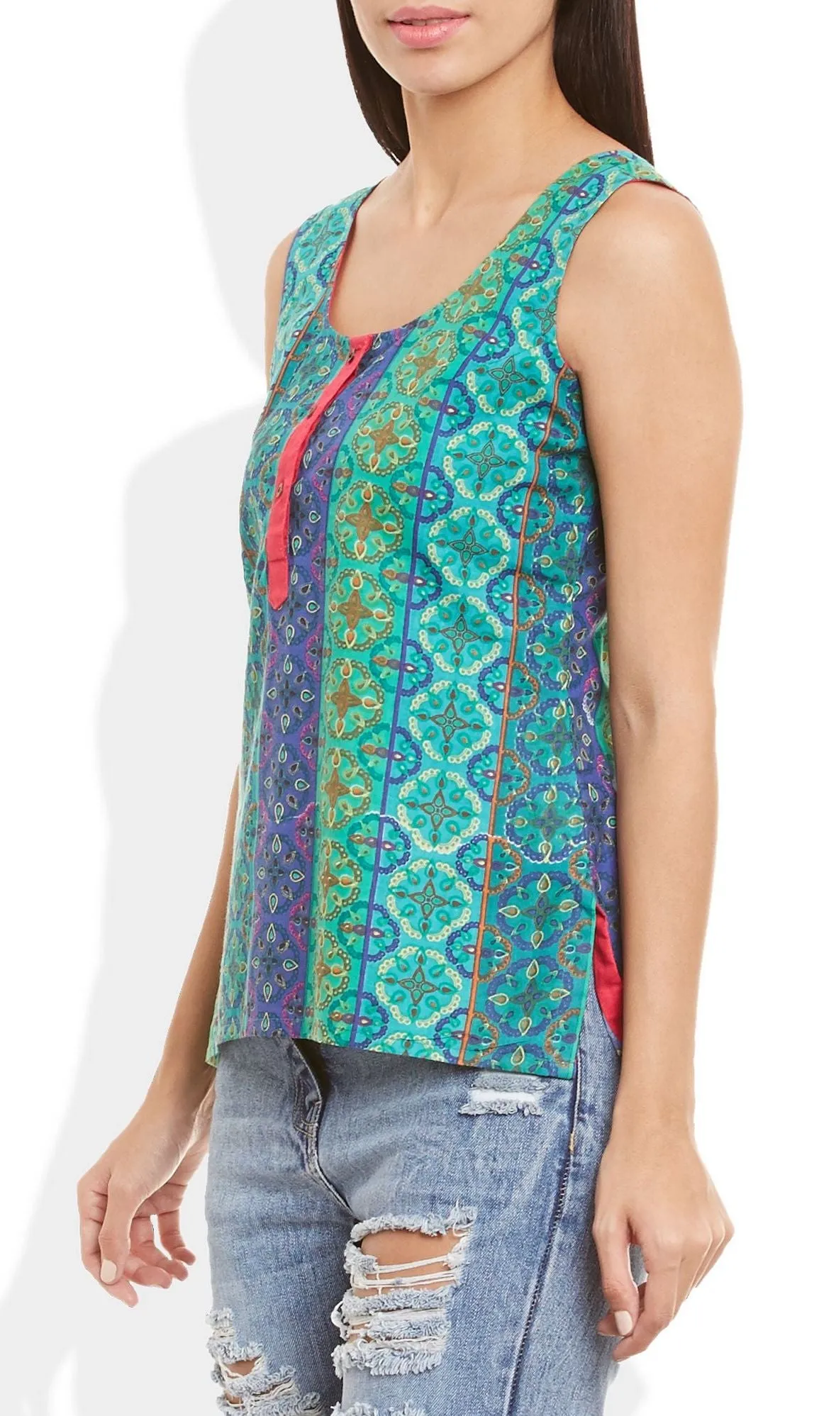 Womens Cotton Printed Short Top Kurti Sleeveless With Contrast Placket And Buttons,2X-Large,W-CST40-3125