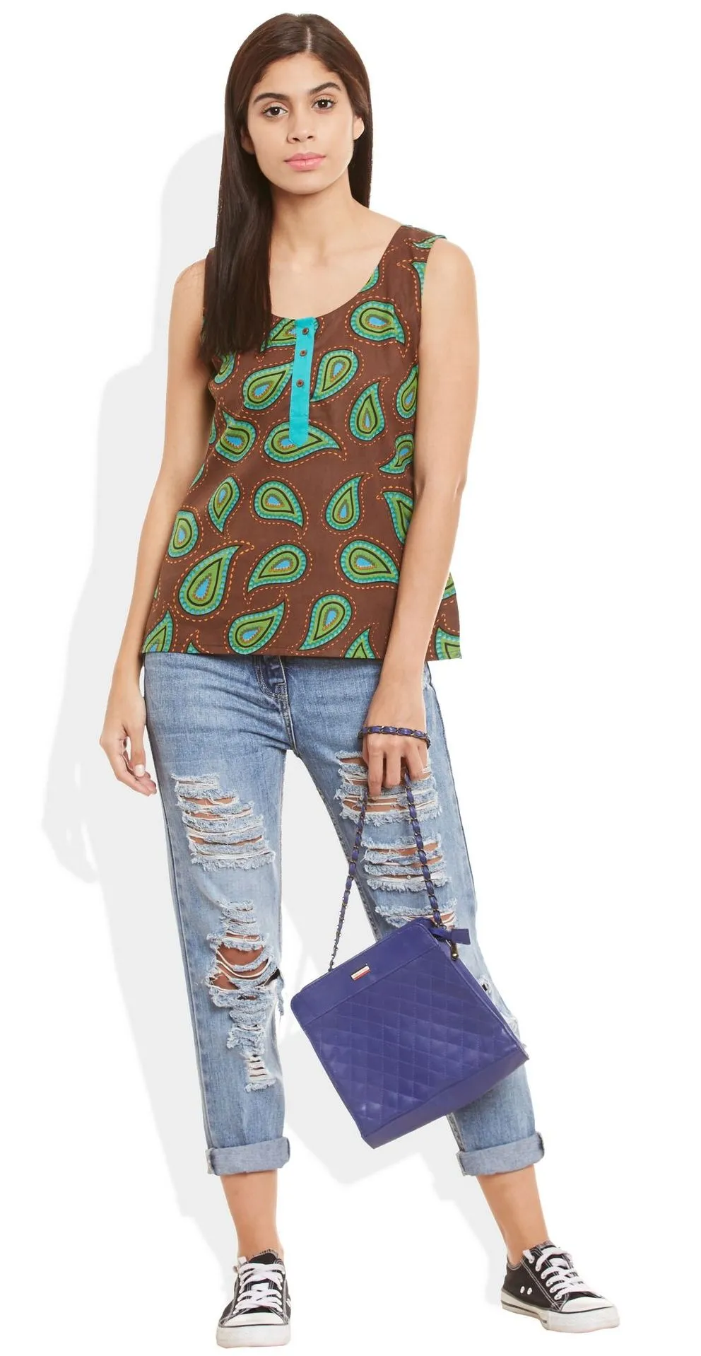 Womens Cotton Printed Short Top Kurti Sleeveless With Contrast Placket And Buttons,4X-Large,W-CST44-3122