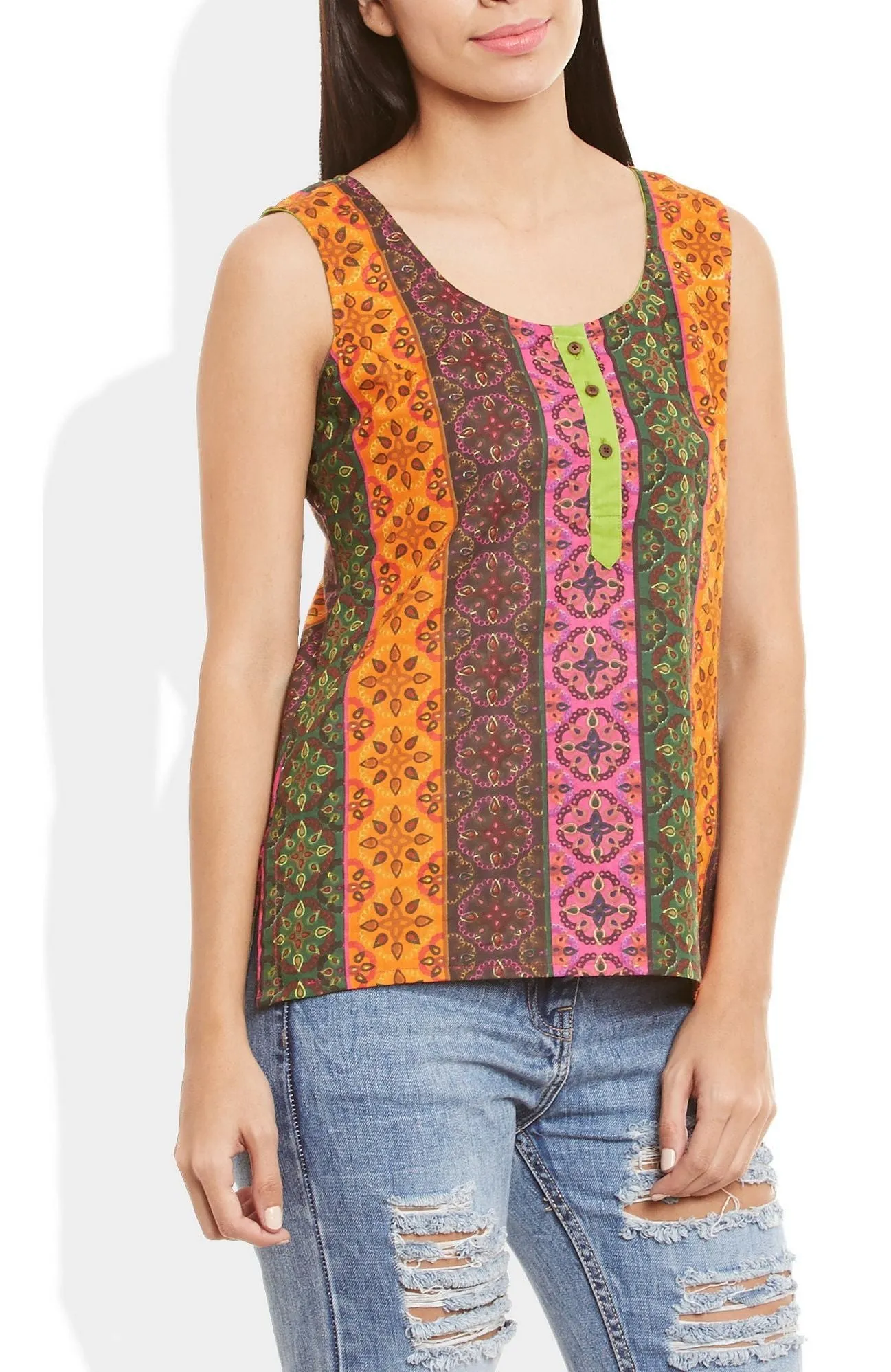 Womens Cotton Printed Short Top Kurti Sleeveless With Contrast Placket And Buttons,Medium,W-CST34-3102