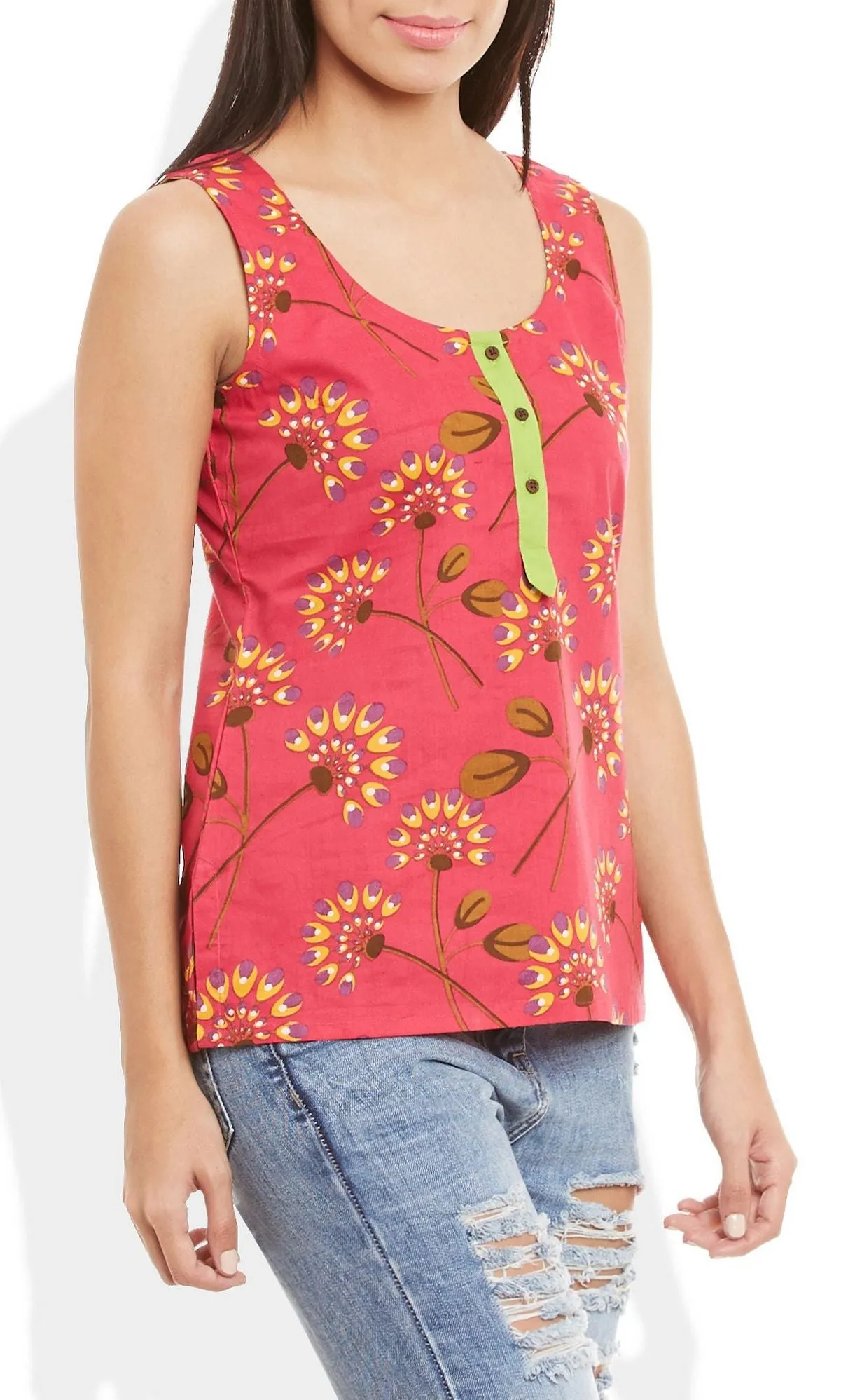 Womens Cotton Printed Short Top Kurti Sleeveless With Contrast Placket And Buttons,Small,W-CST32-3109