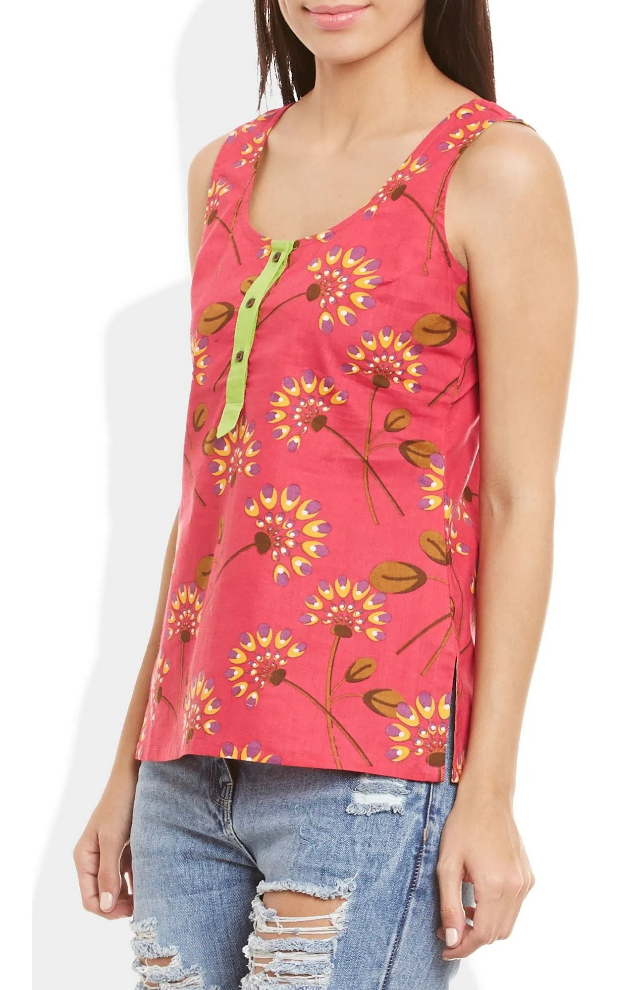 Womens Cotton Printed Short Top Kurti Sleeveless With Contrast Placket And Buttons,Small,W-CST32-3109