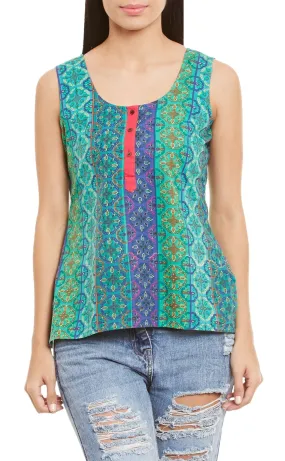 Womens Cotton Printed Short Top Kurti Sleeveless With Contrast Placket And Buttons,Small,W-CST32-3125