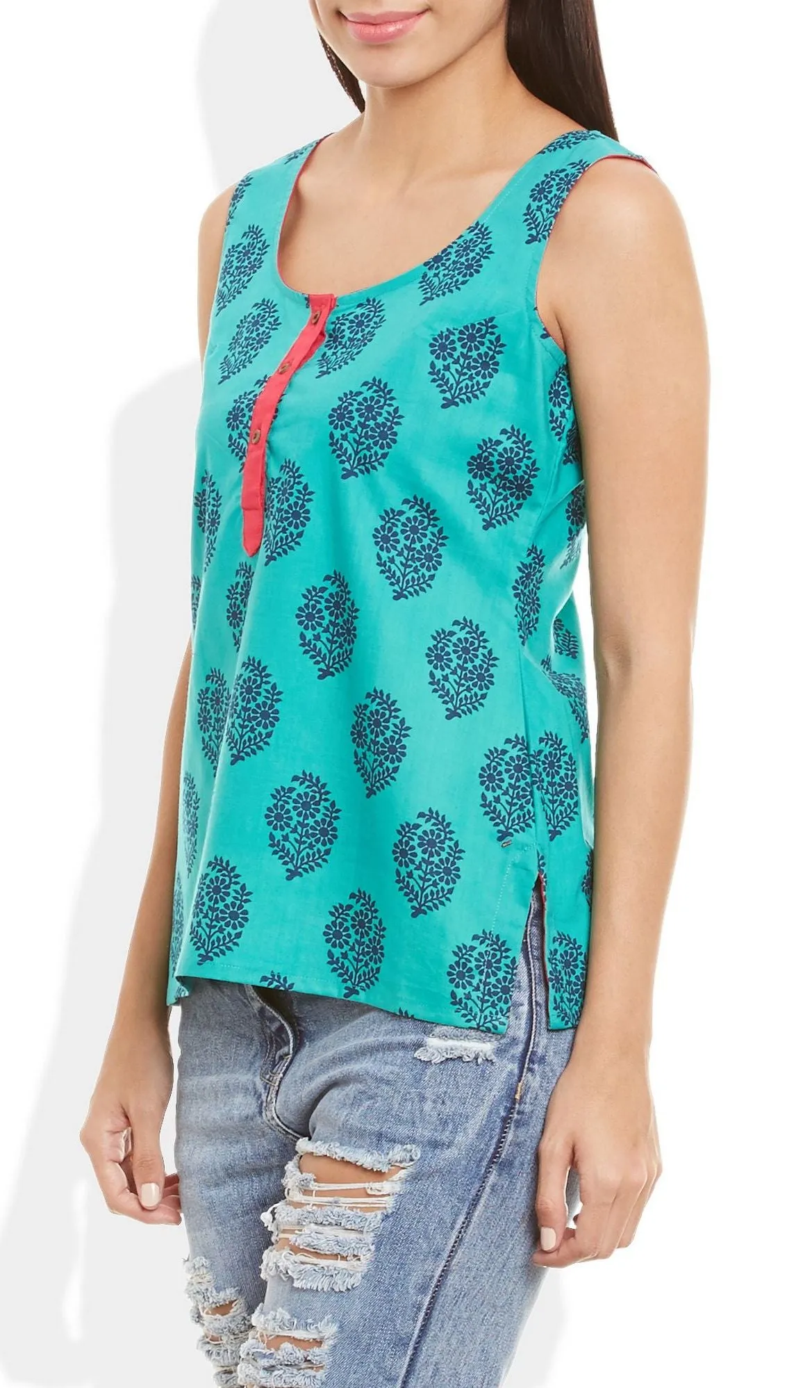 Womens Cotton Printed Short Top Kurti Sleeveless With Contrast Placket And Buttons,X-Large,W-CST38-3132