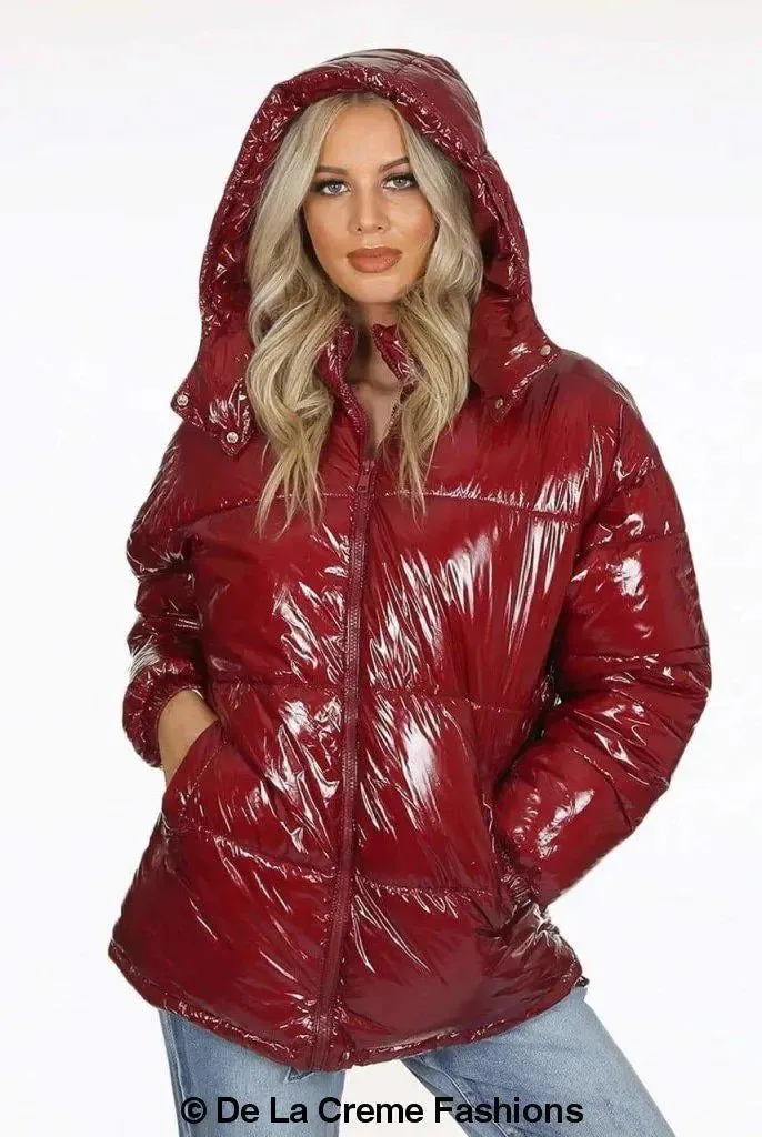 Womens High Shine Funnel Neck Quilted Puffer Jacket