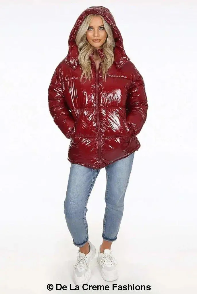 Womens High Shine Funnel Neck Quilted Puffer Jacket