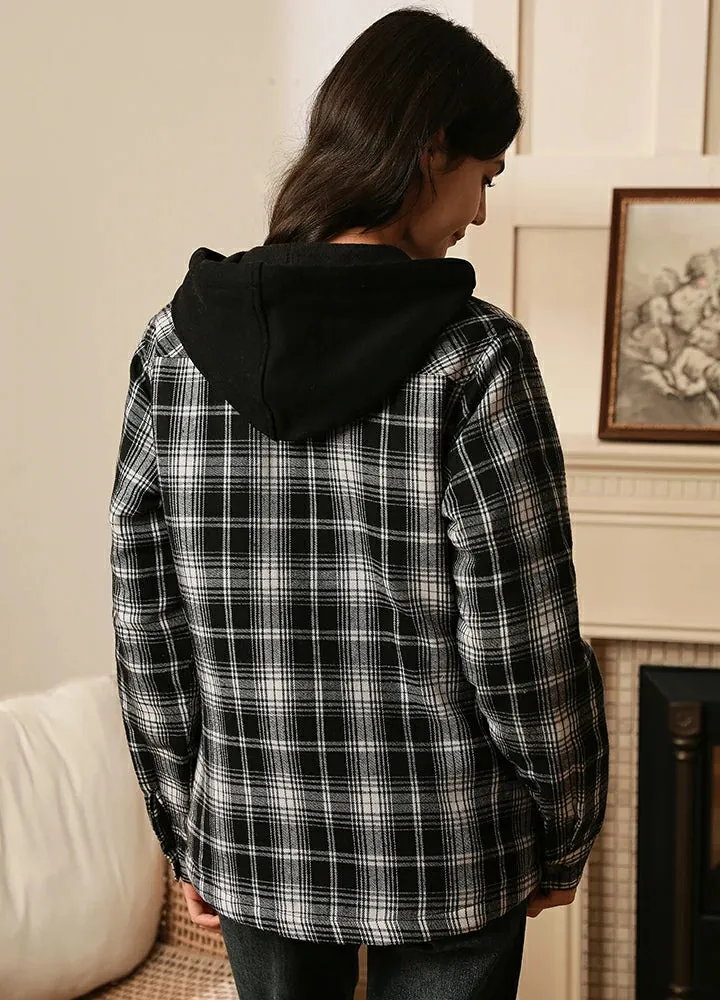 Women's Quilted Lined Hooded Plaid Flannel Shirt Jacket with Hood