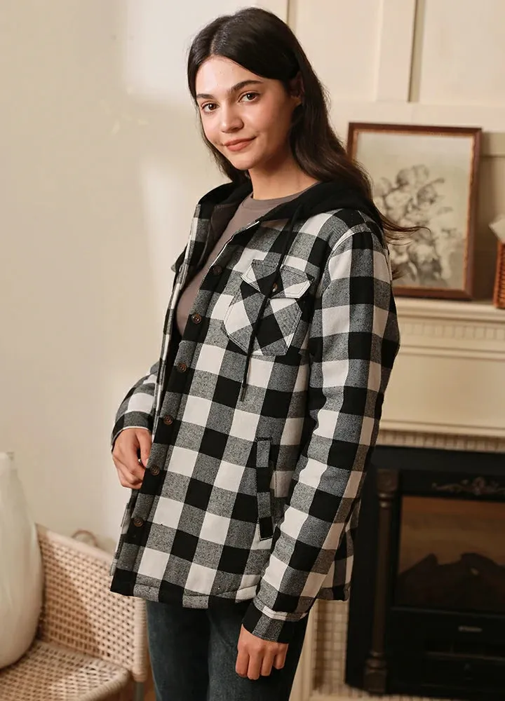 Women's Quilted Lined Hooded Plaid Flannel Shirt Jacket with Hood